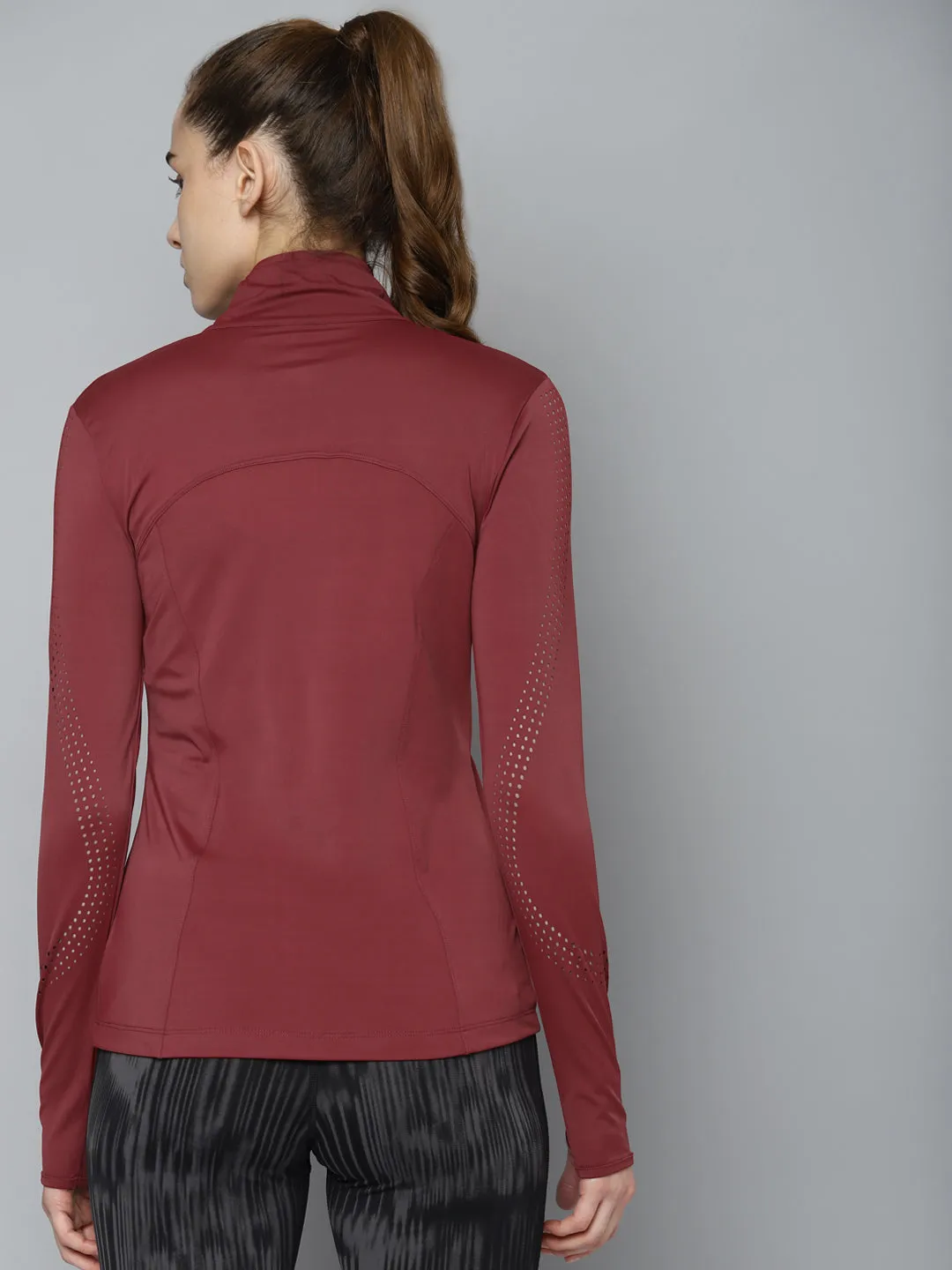 Women's Maroon Laser Cut Solid Training Sporty Jacket