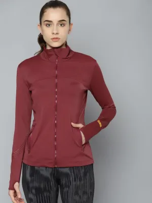 Women's Maroon Laser Cut Solid Training Sporty Jacket